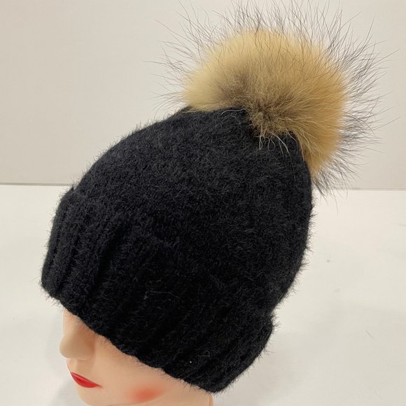 Knit Beanie Hat with Real Fox Fur Pom - Picture 1 of 2